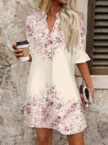SHEIN Clasi Summer Romantic Floral Print V-Neck Short Sleeve Loose Casual Mini Dress, Suitable For Daily Outing Summer Outfits For Women Vacation Dress Modest Dresses For Women Tea Party Dress,Summer Dresses For Women Summer Outfits For Women
