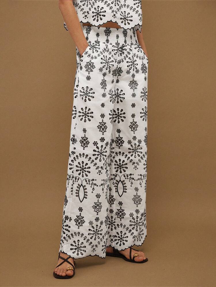 SHEIN Maija Damskie spodnie z szerokimi nogawkami, swobodne, haftowane, wakacyjne, damskie, biznesowe, casualowe, wakacyjne, boho, boho, dla kobiet