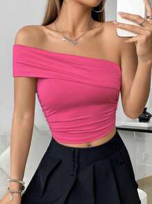 Flirla Top à épaules obliques de couleur unie pour femmes, à la mode pour l'été