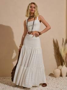 Bóhologie Conjunto de top y falda de 2 piezas casual y elegante para damas, con aplicación de bordado de ojales, color blanco