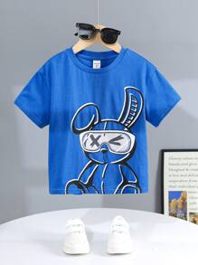 SHEIN Young Boys' Casual Cute Cartoon Rabbit Print Short Sleeve T-Shirt, Versatile For Spring And Summer - Blue - View 3