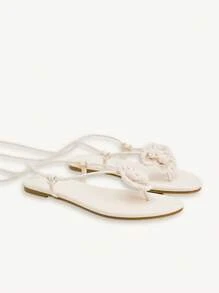 CUCCOO CHICEST Women's Woven Camellia Ankle Strap Square Toe Flat Sandals, Elegant And Romantic Casual White Knitted Ladies Flat Sandals For Afternoon Tea, Vacation, Beach And Hawaii Style
