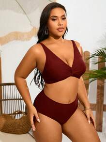 Swim Lushoire Plus Size Solid Color Swimsuit Set, Suitable For Beach Vacation For Summer - Burgundy - View 6