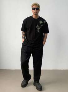 DAZY Men's Summer Bamboo Embroidery Black T-Shirt - Black - View 3