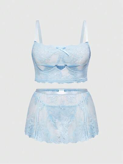 Sweetness Conjunto de sujetador y ropa interior de encaje transparente con aros para tallas grandes