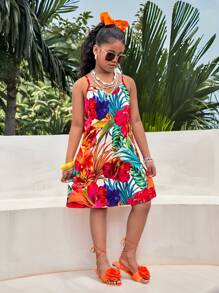 女童热带植物印花 V 领无袖宽松连衣裙，母女装 - 彩色 - 查看 4