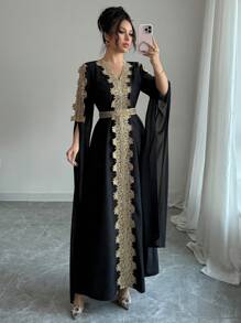 Rafferiza Kiểu dáng Áo choàng Abaya chắp vá dài tay, Áo choàng dài viền ren màu trơn cho nữ - màu đen - Xem 3