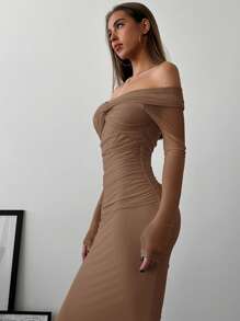 Aloruh Váy xòe trễ vai xoắn xếp nếp có chi tiết lưới, váy dự tiệc tối lãng mạn - màu nâu - Xem 7