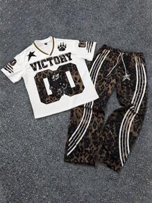 Manfinity EMRG Men Short Sleeve Letter Print Simple T-Shirt And Pants Set,Men Tracksuit,Men Two Pieces Outfits,Men Clothes,Boyfriend Gift Y2k Clothes Men Y2k Jersey - Coffee Brown - View 1