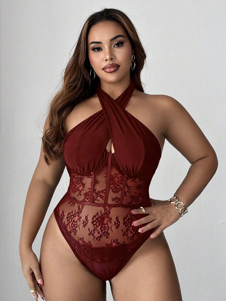 Maweii 大码女装春夏新年酒红色蕾丝镂空弹力休闲法式年轻时尚针织弹力百搭舒适叠穿上衣，适合年轻性感女性参加派对、社交场合，连体衣，紧身胸衣，优雅性感拼接透视露肩修身纯红色连体衣，派对 - 酒紅色 - 查看 1