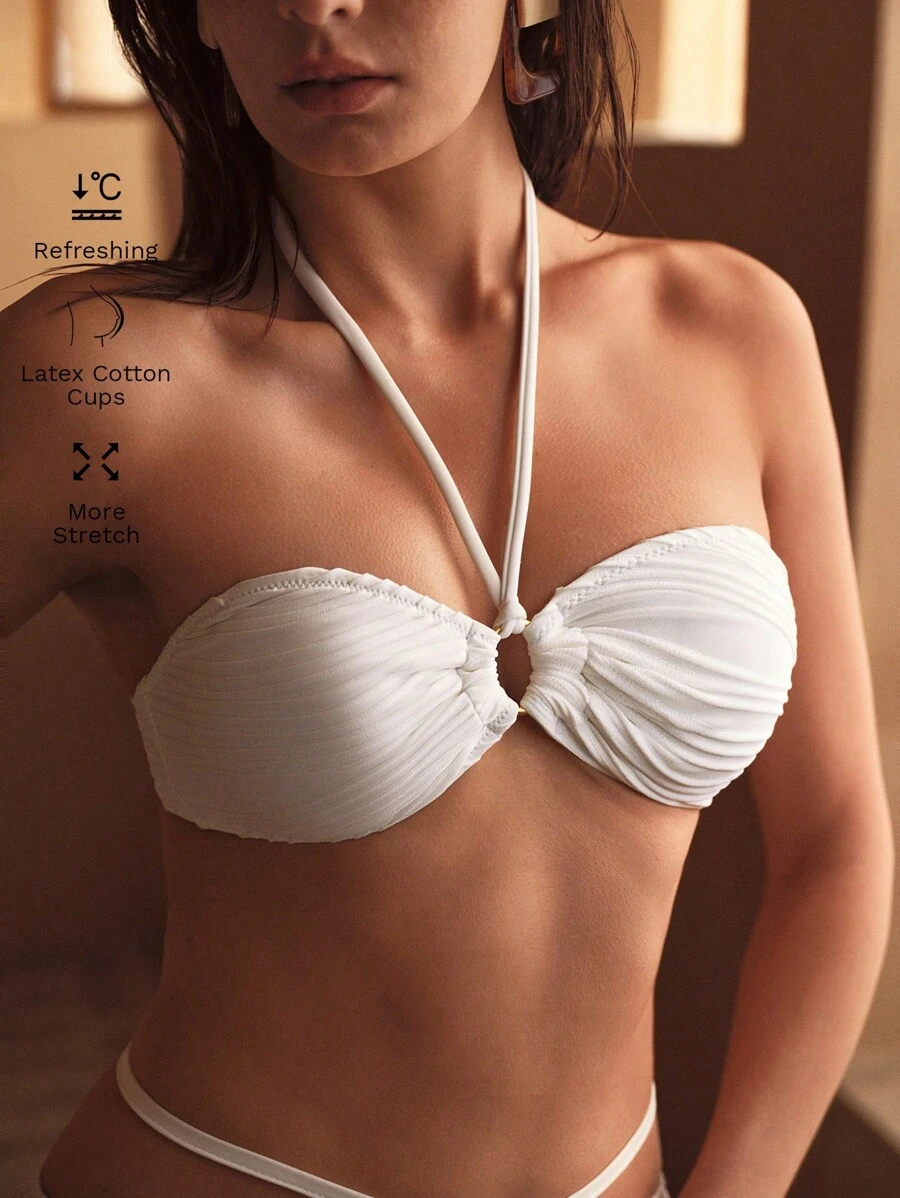 MOTF PREMIUM 褶饰挂脖式比基尼上衣 - 白色 - 查看 1