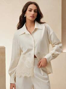 Anewsta Women's Elegant Embroidered Floral Lace Insert Semi-Sheer Blouse, Spring/Summer Festival/Graduation - Yellow - View 4