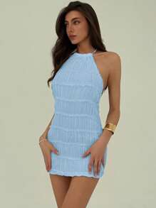 Aloruh Romantic Vacation Halter Backless Sexy Mini Textured Ruched Women Dress, Spring/Summer - Baby Blue - View 4