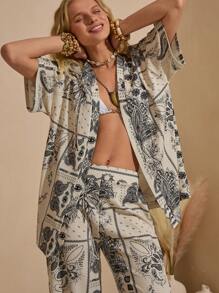 Bóhologie Conjunto de top y pantalón de kimono con estampado total para mujer, vestimenta playera tipo cubrecuerpo estilo bohemio