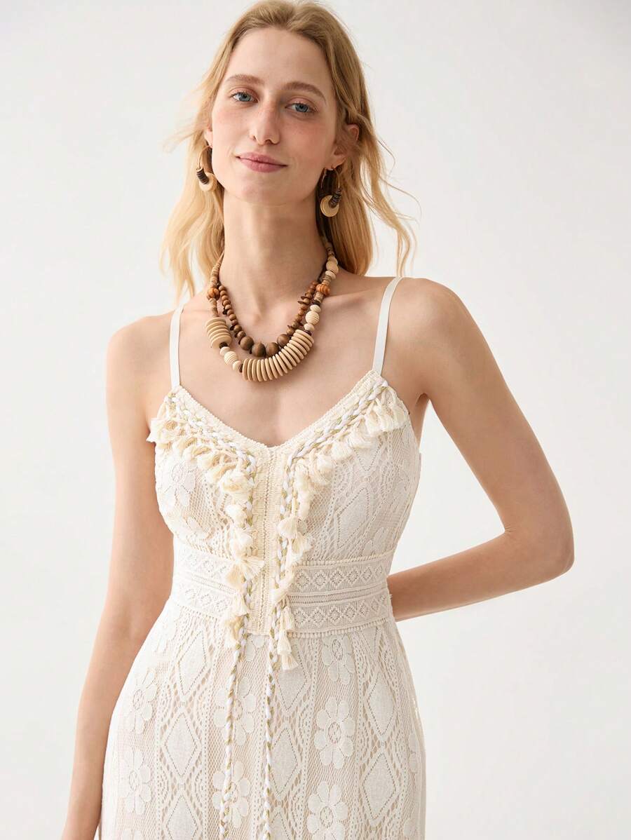 Florisole Vacation Casual Solid Color Lace Camisole Dress - Apricot - View 1
