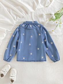 年轻女孩春夏假日休闲可爱俏皮雏菊全刺绣荷叶边领衬衫，带松紧下摆