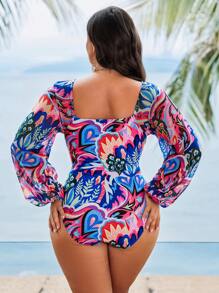 Swim Lushoire 1 件大码女式不对称印花网眼袖连体泳衣，适合海滩度假 - 彩色 - 查看 2