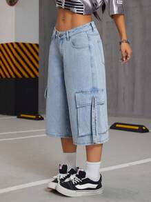 SHEIN ICON High Street Women's Loose Fit Cargo Pockets 7/8 Length Denim Pants