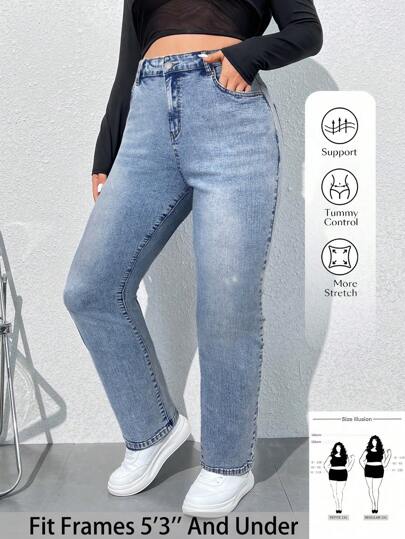 SHEIN PETITE CURVE Plus Size Straight Leg Jeans, Fashionable For Summer