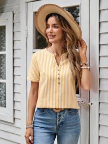 EMERY ROSE Women's Striped Print Notched Neck Casual Short Sleeve Blouse - Yellow - View 4