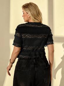 Auralis 大码夏季 Y2k 上衣生日音乐会女式早午餐 Fairycore 纯色蕾丝短袖上衣、黑色蕾丝透视上衣、外出上衣、蕾丝上衣， - 黑色 - 查看 2