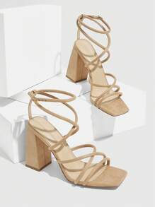 CUCCOO SZL Fashion Casual Simple Thick Heel Strappy High Heel Sandals For Christmas - Apricot - View 3