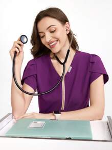 Scrubzie Conjunto de uniforme de pijama quirúrgico con diseño de pétalos de unicolor, compuesto por Top y pantalones - Morado - Ver 4