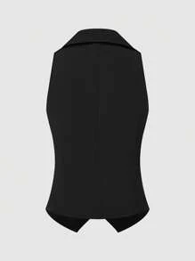SHEIN Unity Blusa básica de mujer con escote en V profundo, bolsillos, dobladillo en forma de V, sin mangas, cuello de solapa, abierta por delante con decoración de botones, color negro - Negro - Ver 2