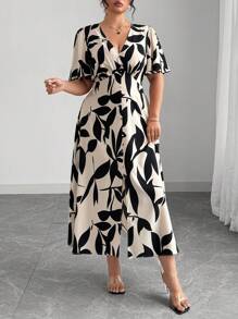 Elenzga 女式法式优雅百搭 V 领收腰 A 字形纽扣装饰荷叶边下摆开衩灯笼袖中长连衣裙，适合通勤、商务、休闲、度假、下午茶、音乐节、波西米亚乡村 - 彩色 - 查看 6