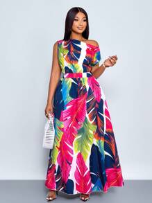 SOLERSUN Plus Size Spring And Summer Fashion Elegant Commuting Casual Slanted Shoulders Short Sleeves Large Skirt Waist Art Street Seaside Vacation Date Travel Female Model - Hot Pink - View 2