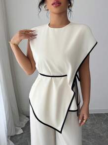 Elenzga 女士两件套：不对称下摆上衣和宽松阔腿裤，休闲装 - 杏色 - 查看 6