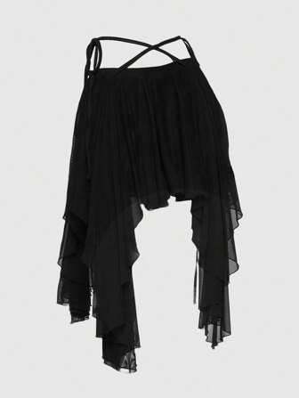 Goth Gotisch-Barocker schwarzer Mesh-Spitzen-asymmetrischer mehrschichtiger Bund-gebundener sexy Urlaubs-Minirock mit tiefem Bund für Frauen