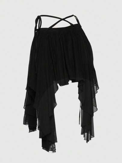 Goth Jupe de vacances sexy à taille basse, asymétrique et multicouche, en dentelle de maille noire de style gothique baroque pour femmes