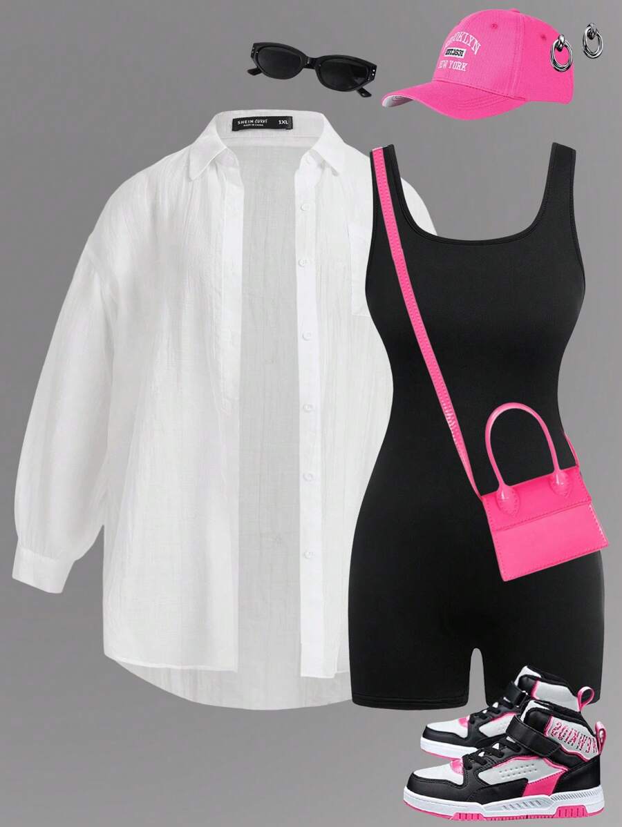 SHEIN Essnce 大码女装春夏时尚休闲宽松舒适日常修身轻薄清凉防晒透视白衬衫黑打底裤两件套，Y2k 返校服，机场装，街头装，欧洲夏季 - 黑與白 - 查看 1