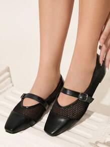 CUCCOO CHICEST 女士网眼拼布方头平底优雅浪漫休闲黑色网眼平底玛丽珍鞋，适合下午茶、约会、优雅装扮、度假 - 黑色 - 查看 5