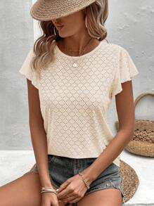 SHEIN LUNE Camiseta de mujer de manga corta de unicolor con cuello redondo, simple y de moda para el verano