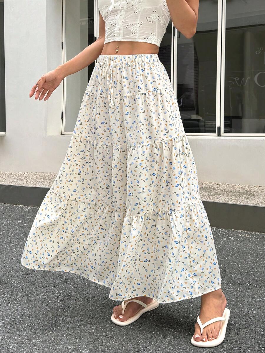 SHEIN EZwear Bohemian Summer Ditsy Floral Skirt - Blue - View 1