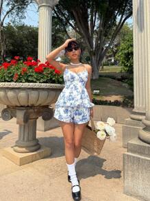 SHEIN EZwear 女式花卉印花荷叶边下摆吊带背心，度假风格 - 彩色 - 查看 5