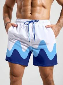 Manfinity Swimmode Men's Summer Contrast Color Drawstring Waist Beach Shorts - Blue and White - View 4