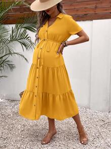 SHEIN Váy bầu màu trơn có nút cài phía trước viền bèo nhún cho kỳ nghỉ hè dành cho bà bầu - Màu vàng - Xem 4