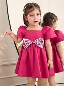SHEIN Gaun Bayi Perempuan Longgar Kasual Nyaman dengan Leher Persegi dan Hiasan Pita - Hot Pink - View 3