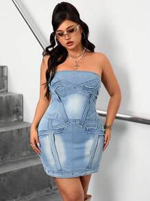 SHEIN ICON Plus Size Women Cross Applique Form-Fitting Denim Dress - Blue - View 5