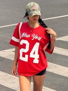 Dames Casual Color Blocking Letter Print Korte Mouw T-shirt, Lente/Zomer