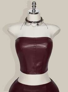 SHEIN ICON 大码女式抹胸PU皮革上衣和低腰迷你裙套装