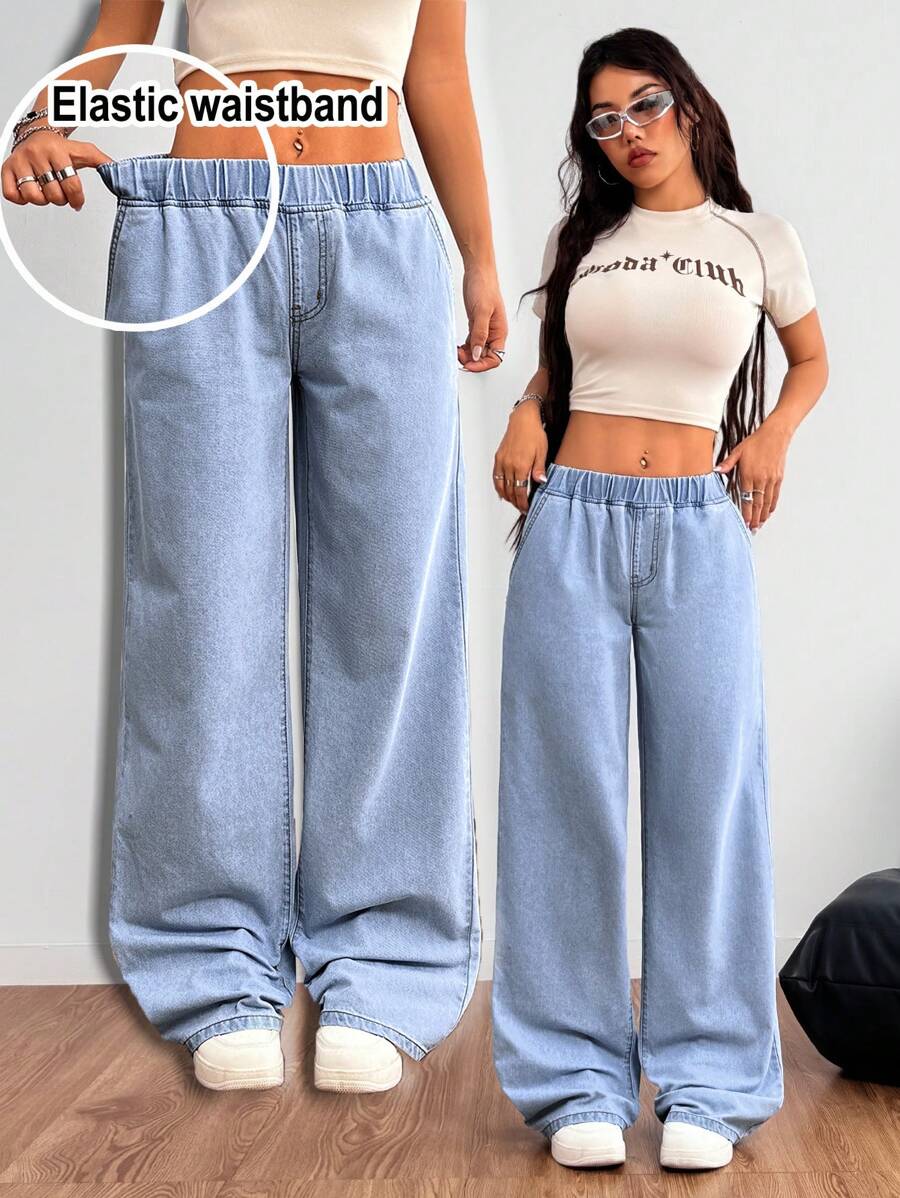 SHEIN PETITE Blue Women's Jeans Elastic Waistband Straight Wide-Leg Pants Summer Pants Versatile Jeans - Light Wash - View 1