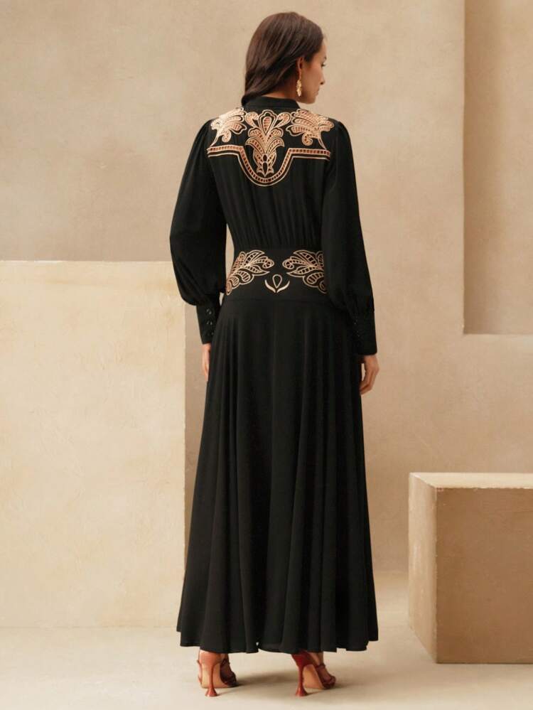 Women's Elegant Black Chiffon Embroidered A-Line Long Sleeve Dress, Suitable For Spring, Summer, Vacation, Holiday