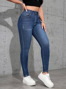 SHEIN PETITE Jeans casual di moda da donna, vita alta, slim fit