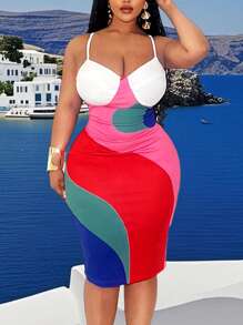 Slaydiva 2025 Summer&Beach New Elegant & Sexy & Party Plus Size Women Contrast Color Block Print Bodycon Spaghetti Strap Midi Dress