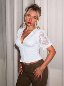 Glamine Top corto con vita arricciata, maniche a sbuffo, in stile jacquard e patchwork, per donne