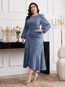 Modelyn Plus-size effen jurk met lange mouwen, modieus voor de zomer